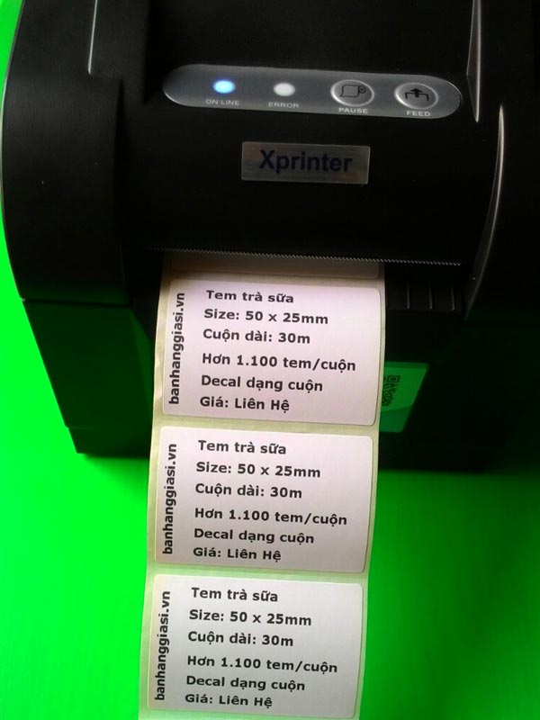 Tem trà sữa 50x25 khi in trên máy in Xprinter 350B